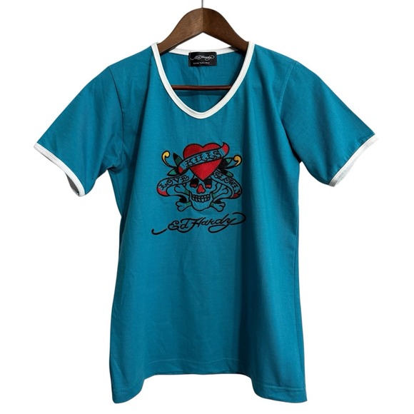 Ed Hardy Tops - Ed Hardy T-shirt women's small embroidered love kills slowly skull heart y2k